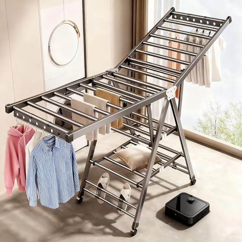 ZERIFAM Foldable Clothes Drying, Heavy Duty Clothes Drying Rack, 3 Height Adjustable Clothess Dryer, 3 Layer Clothess Rack with 4 Shoe Holder, Windproof, Indoor Outdoor Use