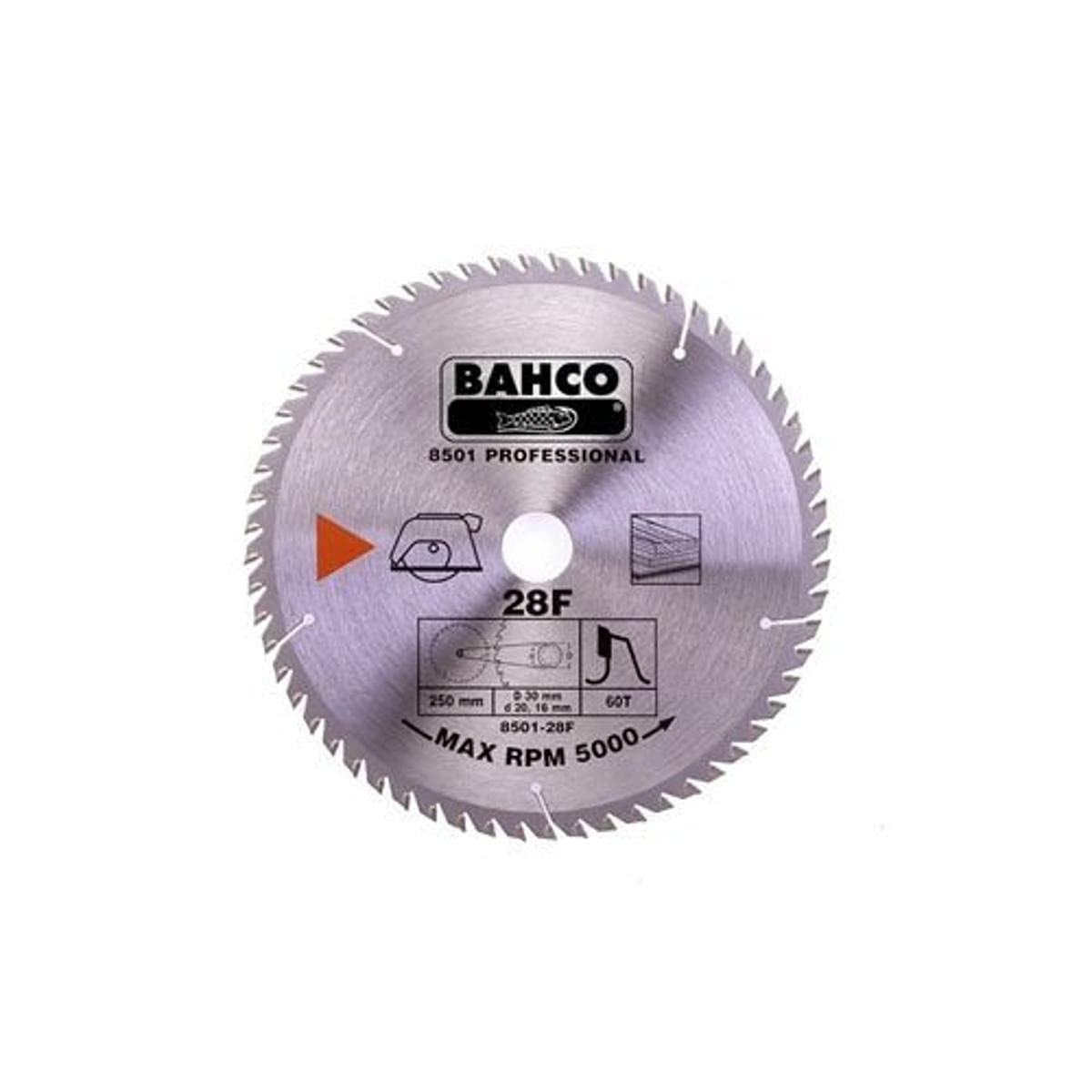Bahco 8501-28F Circular Saw Blade with 60 Teeth for Wood, 0 V, Silver, 250 mm