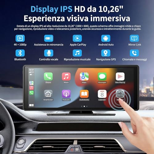 10.26 Inch Car Play Screen Car Play for Wireless Car and Android Car, 4K Dash Cam, Support 1080P Rear View Camera, IPS Touch Car Screen, Mirror Link, BT/FM/AUX, TF 64GB, Plug and Play 12V/24V