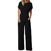 Happy Sailed Women Jumpsuits Dressy Short Sleeve Front Crisscross Tie Waist Belted Wide Leg Pant Romper with Pockets