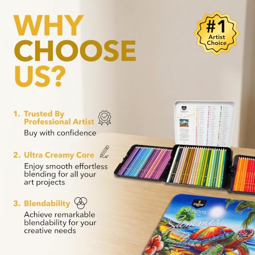 Castle Art Supplies 72 Summer Coloured Pencils | Soft and Smooth Leads Wax Based Pencils | Summer Palette for Adult Artists | Organized in Display Box | Seasons-Collection