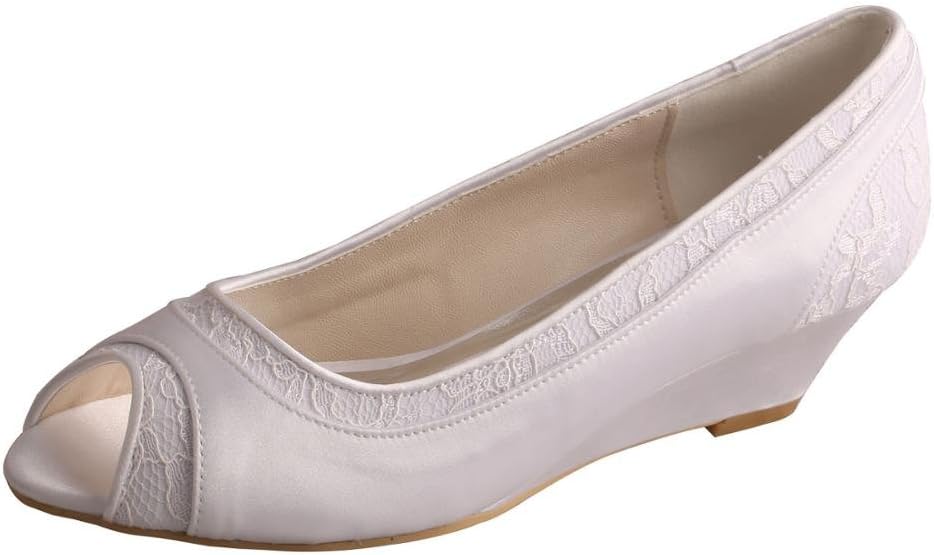 Wedopus MW366 Women Peep Toe Wedges Low Heel Pumps Lace and Satin Slip-on Wedding Court Shoes