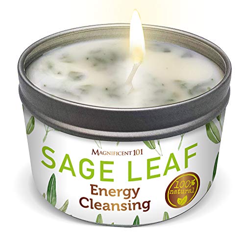 MAGNIFICENT101 Smudge Candle Filled with Sage Leaves for House Energy Cleansing, Banishes Negative Energy I Purification and Chakra Healing – Natural Soy Wax Tin Candle for Aromatherapy (Sage Leaf)