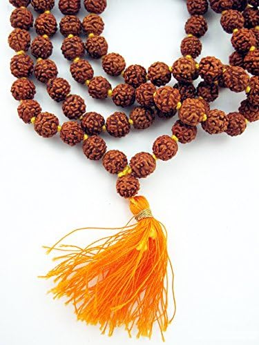 6mm Knotted Rudraksha Bead Mala with Orange Tassle