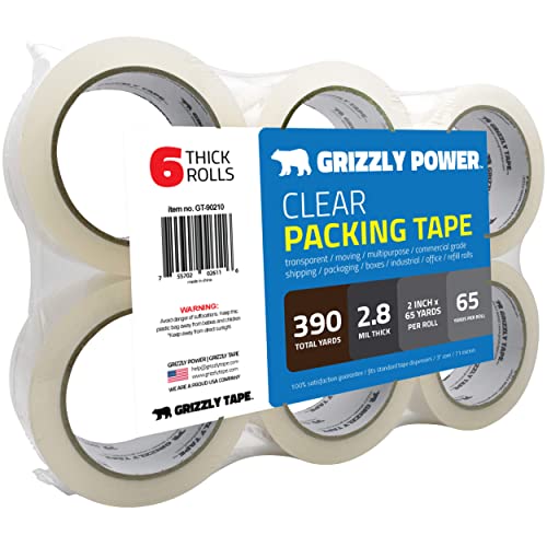 Grizzly Power Clear Packing Tape (6 Rolls) | Heavy Duty Packing Tape (2 Inch x 65 Yards) | 2.8mil Thick Strong Adhesive for Moving Boxes, Shipping Cartons, Office Use, Storage & Wrapping (390 Yards)