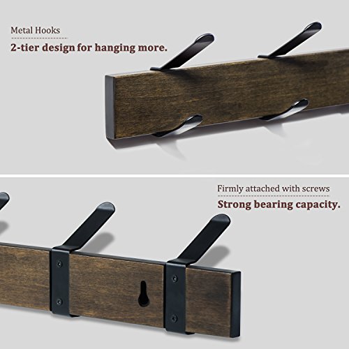 RooLee Coat Hooks Coat Rack Wall Mounted Hat Rack Clothes Hook with 4 Metal Hooks Walnut Finish - Thumbnail 5