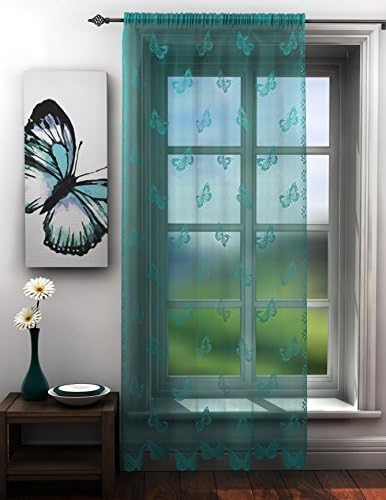 Butterflies lace net curtain panel teal blue butterfly voile curtain panel 56x54 inches drop 142cm x 137cm approx plain slot top traditional sheer elegant net curtain by HOME-EXPRESSIONS