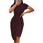BubFee Work Pencil Dress for Women Bodycon Midi Dresses Sheath Church Wrap Knot Short Sleeve Business Casual Elegant Retro Dress 2025 (Burgundy,Small)