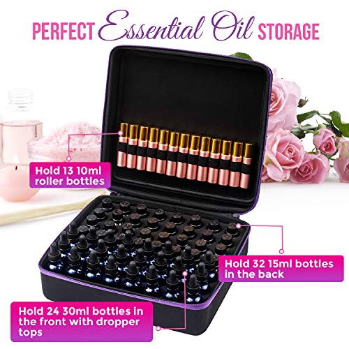 Travel Essential Oil Carrying Case/Roller Bottle Organizer - Storage for 56-69 Bottles - Holds 15-30ml 1oz & 10ml Roll on Bottles - (Carry Handle On Top) Free Roller Bottle Opener & 192 Labels