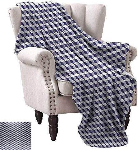WinfreyDecor Navy Blue Blanket Sheets Abstract Cube Shape Striped Geometric Three Dimension Pattern Squares and Lines All Season for Couch or Bed 60" Wx80 L Night Blue