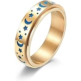 SeiMios Luminous Fidget Ring for Anxiety Stainless Steel Glow in the Dark Sun Moon Star Spinner Ring for Men/Women Size 5-10