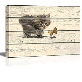 Little Kitty Chasing a Butterfly on Vintage Wood...