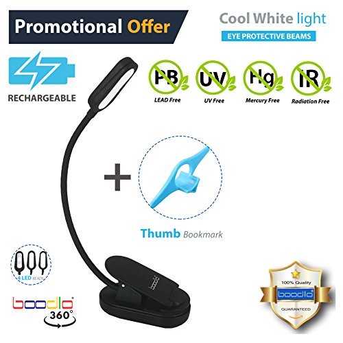 BOODLO 360Â° RECHARGEABLE BOOK LIGHT for reading in Bed or Desk with EYE-CARE Protection, 20 HOURS of Reading, 2 Modes, 4 LED, Easy CLIP ON Reading Light, LIGHTWEIGHT, for Music stand (WHITE)