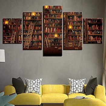 ZZXINK Canvas Prints Pictures Home Wall Art Decor 5 Pieces Fantasy Study Library Book Painting Cartoon Comic Poster Living room Background mural (Frame,L)