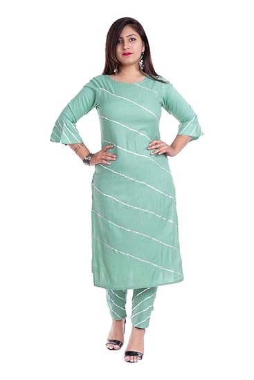 Silver Stripes Women's Rayon Kurti & Pant Set (MF_01_Green_L)