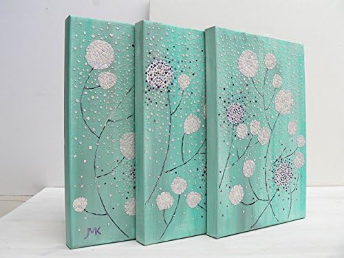 Home Decor Abstract Dandelions Mosaic Triptych Canvas Wall Art Original Handmade Painting 24"x12"x1.0"/60 cm x 30 cm x 3 cm (3 panel set) EggShell Mixed Media Mosaic Collage Wall Home Decor Gift Ideas