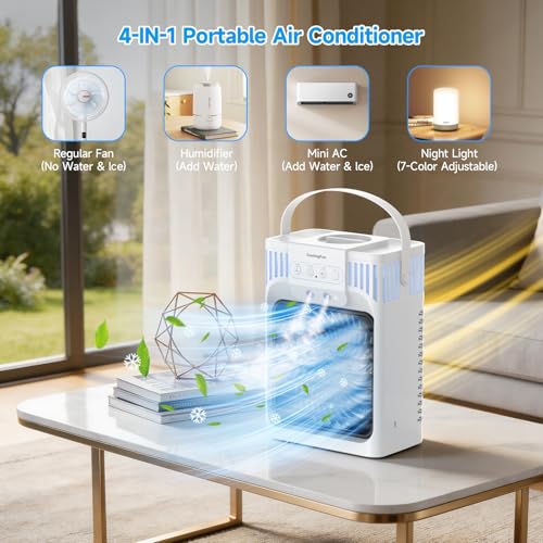 Portable Air Conditioners with Remote for Bedroom, 4-IN-1 Personal Evaporative Air Cooler with 3 Speeds & 3 Mist, 7-Color Night Light, 2-8H Timer, 1200ML Mini Air Conditioner Cooling Fan for Office