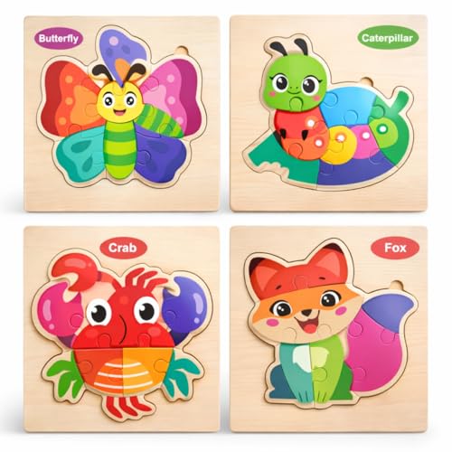 Kit 4 Quebra-Cabeças de Madeira Infantil Montessori | Brinquedo Educativo de Encaixe com Animais | Coordenação Motora e Aprendizado para Crianças 2 a 4 Anos (ANIMAIS)
