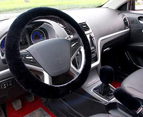 IBAIOU Universal 3Pcs Set Plush Steering Wheel Cover for Women Faux Wool Hand Brake Cover&Gear Cover Set Warm Winter car Styling Interior (Black for Manual)
