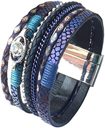 Aebor LuckyZ Women Fashion Snake Skin Leather Crystal Bracelet with Magnetic-Clasp Comfortable Wrap Bracelet, Blue