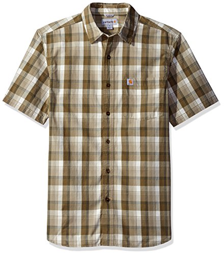Carhartt Men's Essential Plaid Open Collar Short Sleeve Shirt, Burnt Olive, X-Large