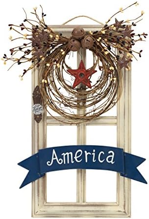 Patriotic Rustic Faux Window Decoration with “America” Banner and Wreath - 4th of July Decoration Outdoor