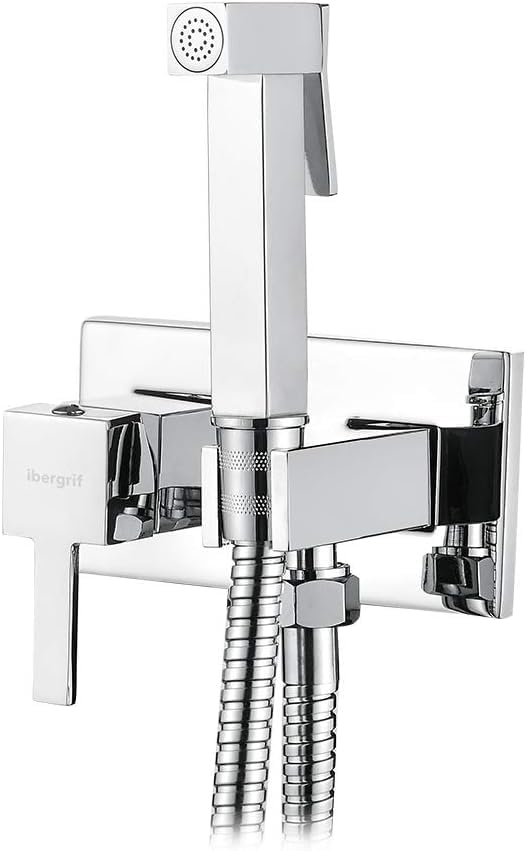 Ibergrif M22011 Square Concealed Shower Mixer Set, Hot and Cold Bidet Spray with Shattaf Sprayer, Hose Pipe, Chrome, Silver