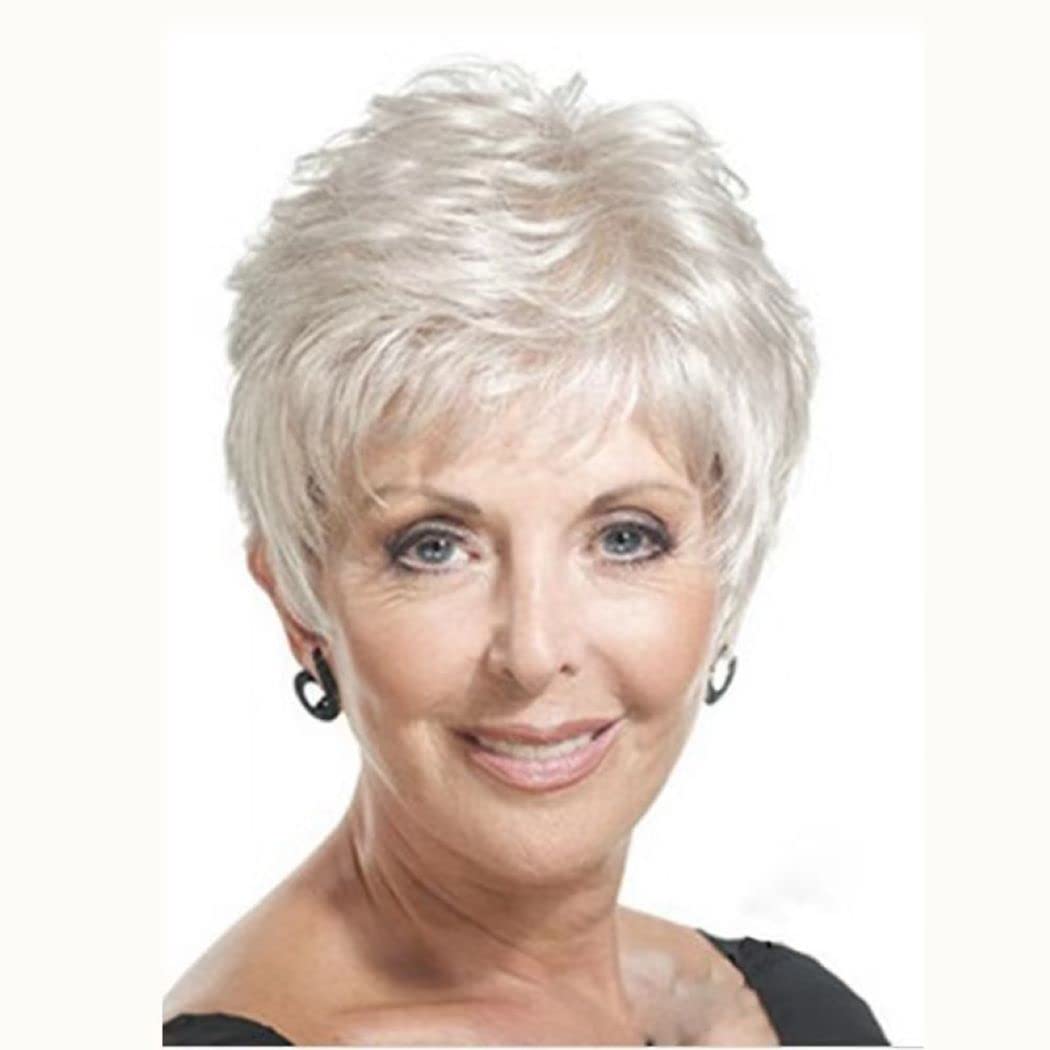 AIYLMZ Short Silver White Synthetic Wigs with Bangs for Old Women White Stylish Fluffy Layered Wigs Natural Fluffy Heat Resistant Wigs for Mother Grandmother Grandma (White)