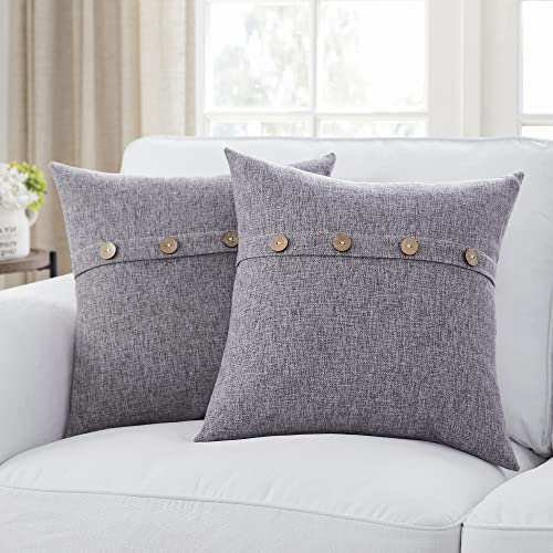 Meekio Set of 2 Gray Square Pillow Covers 18 x 18 Farmhouse Pillow Covers with Coconut Buttons for Sofa Couch Living Room Bedroom