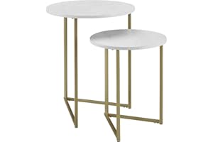 Walker Edison Modern Round Metal Base Nesting Set Side Accent Table Living Room Storage Small End Table, Set of 2, Marble and Gold