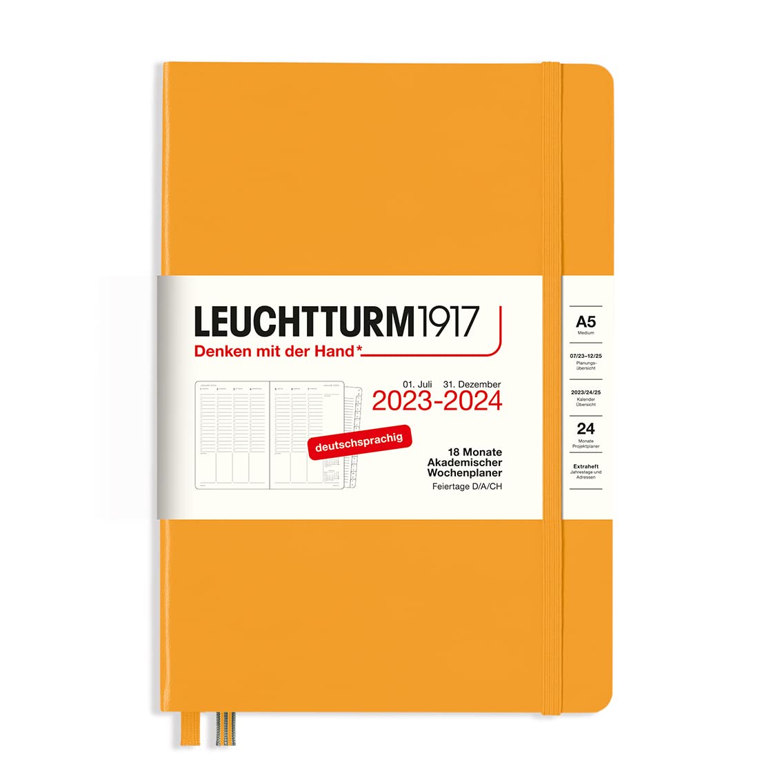 LEUCHTTURM1917 367554 Academic Weekly Planner Medium (A5) 2024, 18 Months, Rising Sun, German