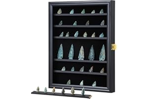 KCRasan Arrowhead Display Case Native American Arrowhead Shadow Box Wall Mount Arrowhead Collection Display Cabinet with Uv Protection for Agate Opal Crystal Stone Arrowheads Spear Points Rocks Black