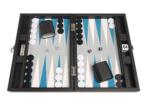 13-inch Premium Backgammon Set - Travel Size - Black Board, White and Astral Blue Points