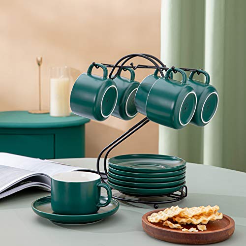 Porcelain Coffee Cups(7.5oz) with Saucers & Metal Stand, Candiicap Coffee Cups Set for Cappuccino, Latte, Expresso, Americano, Tea (7.5oz,Matte Green)