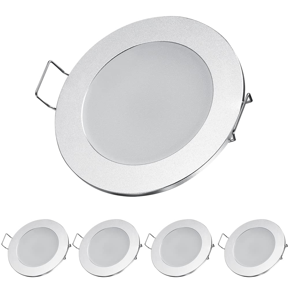 Obeaming DC 12V LED Recessed Ceiling Lights 3W 4 Pack Dimmable Downlights Spot Lights Aluminum 3200K 215Lumen for Motorhome Boat Camper Van Caravan Kitchen Cabinet, Warm White(Silver)