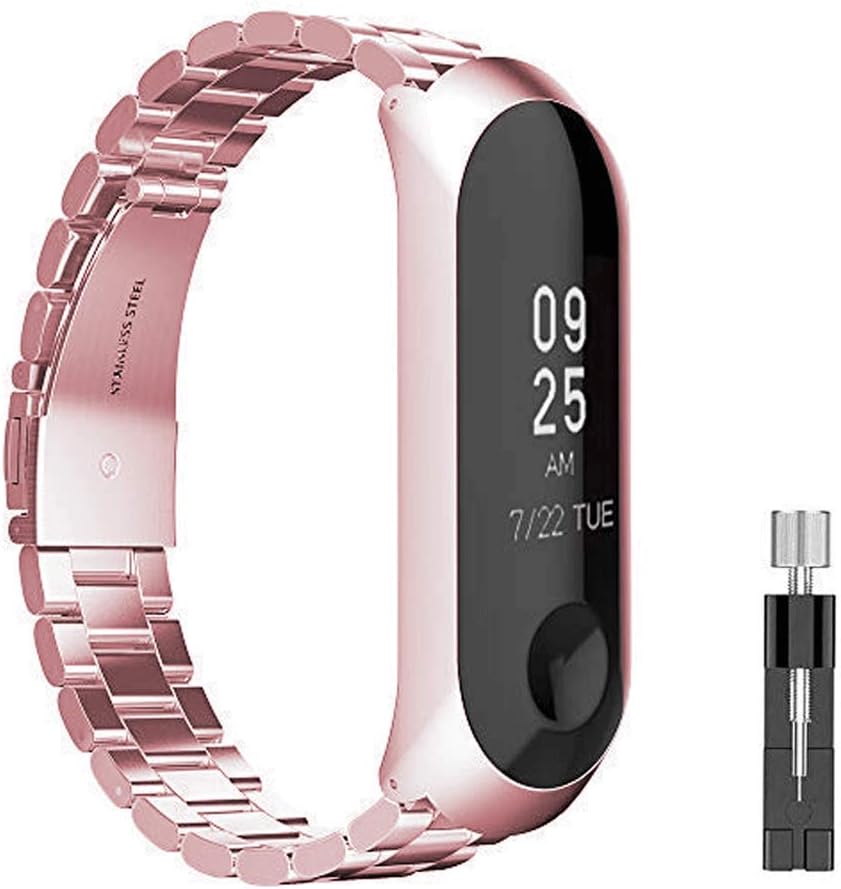 METEQI Replacement Band Compatible with Xiaomi Mi Band 3,Stainless Steel Metal Replacement Strap Bracelet Wrist Band Accessories for Xiaomi Mi Band 3 Smart Watch (Rose Pink)