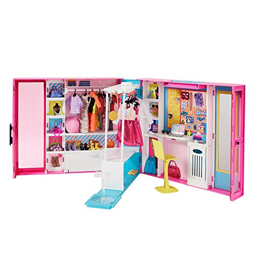Barbie GPM43 - Traum Kleiderschrank mit 30+ Zubehörteilen, ca. 60 cm breit, 10+ Aufbewahrungsbereiche, mit Ganzkörperspiegel, kleiner Tisch & sich drehender Kleiderstange, inkl. 5 Outfits, ab 3 Jahren