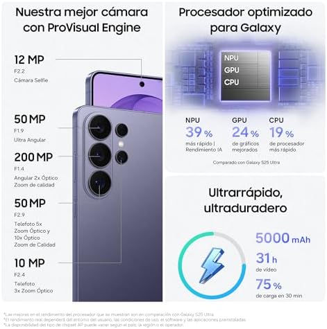 Galaxy S26 Ultra, 1TB, Smartphone com Galaxy AI, Câmara de 200MP, 16GB de RAM, Bateria de 5000mAh, Garantia do Fabricante 3 Anos + 1 Ano Extra, Cor Cobalto Violeta (Versão Espanhola)