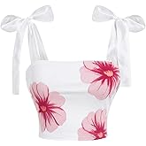 Milumia Women's Floral Bow Tie Shoulder Tank Top Sleeveless Square Neck Crop Tops