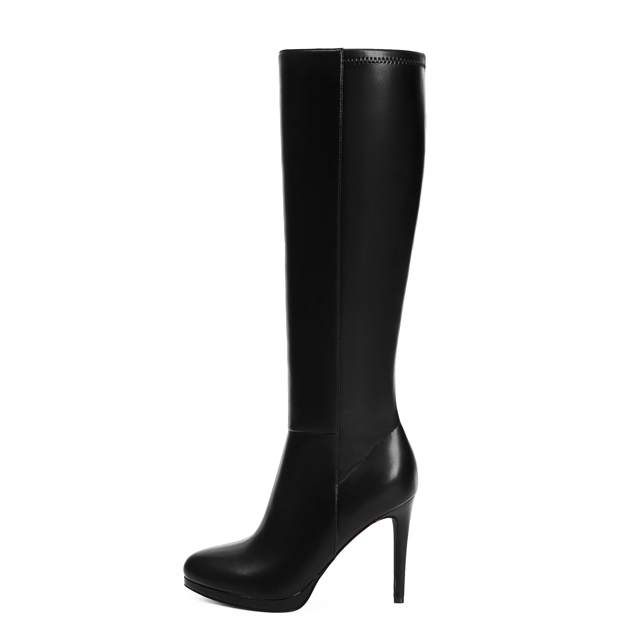 Photo 1 of Modatope Black Pu Knee-High Boots, Women's Size 9: Combat Stiletto Heels, Round Toe, Zipper, Breathable Lining, Fashion Casual