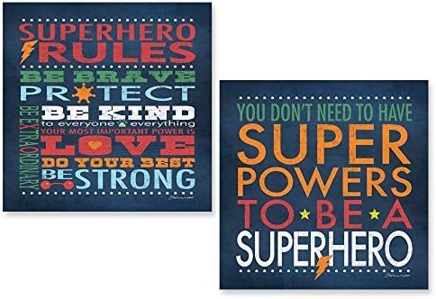 Gango Home Decor Superhero Rules Set by Stephanie Marrott; Two 12"x12" Mounted Prints
