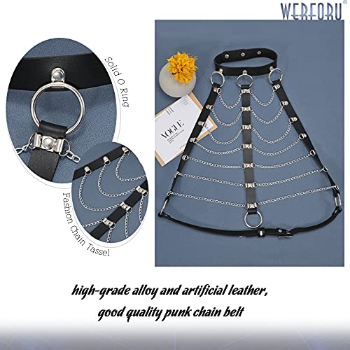 WERFORU Women Black Punk Layered Body Chain Tassel Belt PU Leather Choker Halloween，Fit neck circumference up to 16\