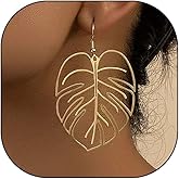 Chunky Gold Palm Leaf Large Dangle Drop Earrings, Silver Monstera Bohemian Tropical Dangling Hook Earrings, Hollow Statement Jewelry Gifts
