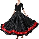 Backgarden Women Black Red Layers Satin Long Skirt for Spanish Flamenco Belly Dance Mexico Ballet Folklorico Performance