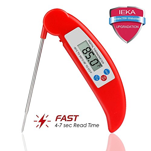 Meat Thermometer,IEKA Digital Electronic Instant Read Super Fast Accurate Food Cooking Thermometer with Collapsible Internal Probe,Best for Kitchen,Grill,BBQ,Milk,and Bath Water (Red)