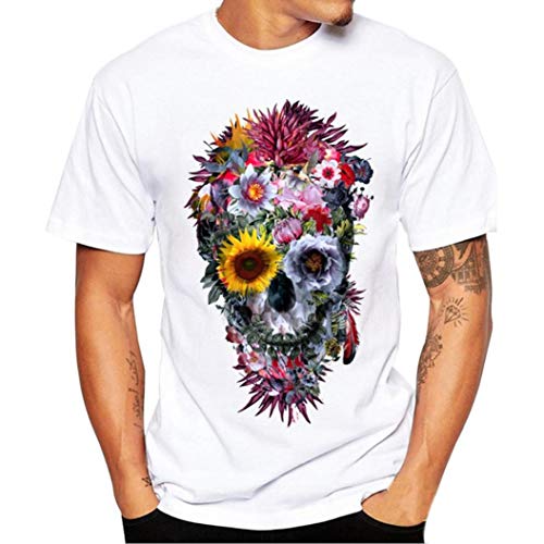 Snowfoller Fashion Men Printing Tee Shirt Casual Short Sleeve Pullover Crew Neck Sports Gym Fitness T-Shirt Blouse (M, Flower Skull)