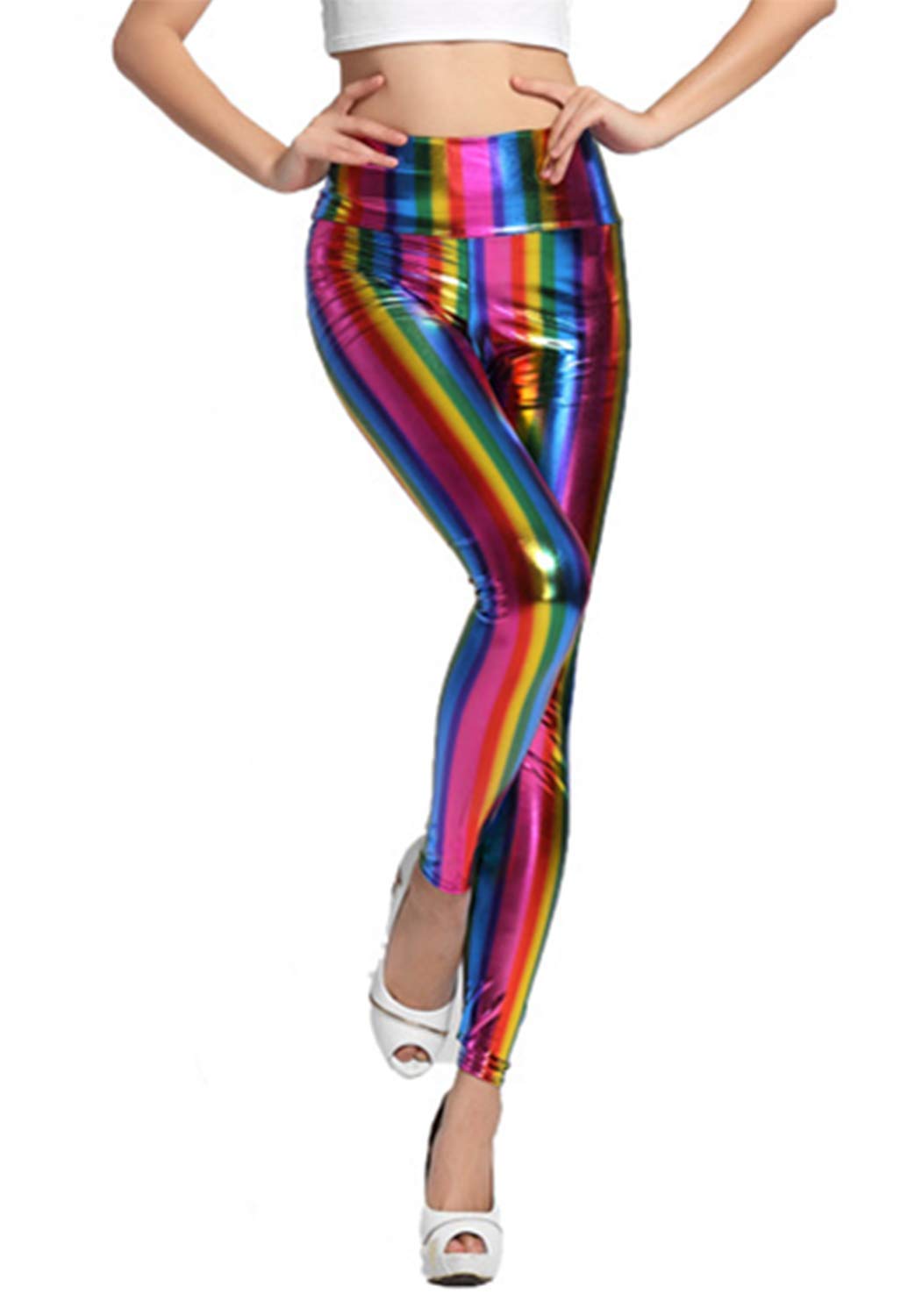 Fioeyr Ladies 80s Retro Metallic Shiny Wet Look Leggings Adult Disco Fancy Dress Costume Womens Outfit Pants