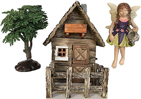 Friendly Farmhouse Fairy Garden House with 3-pc Fence, Garden Fairy and Artificial Mini Green Tree, Fairy Garden Miniatures Accessories Set for Your Outdoor or Indoor Home or Lawn Decor