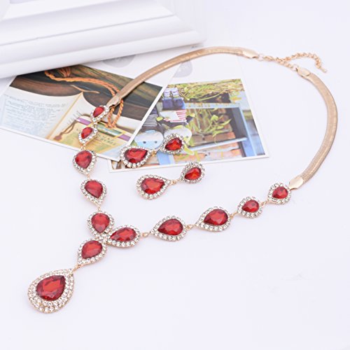 Paxuan Womens Gold Plated Teardrop Red Crystal Wedding Bridal Jewelry Set Teardrop Pendant Necklace Drop Dangle Earrings Set - Thumbnail 4