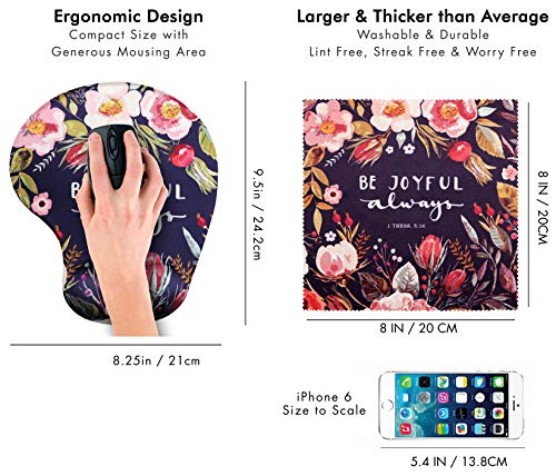 Bible Verses Be Joyful Always Ergonomic Design Mouse Pad with Wrist Support. Gel Hand Rest. Matching Microfiber Cleaning Cloth for Glasses & Electronics. Christian Mouse Pad for Laptop & Computer